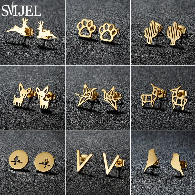 SMJEL Golden Minimalist Stainless Steel Earrings Cartoon Dog Paw Stud Earrings for Women Fashion Jewelry V Letter Ear Piercing