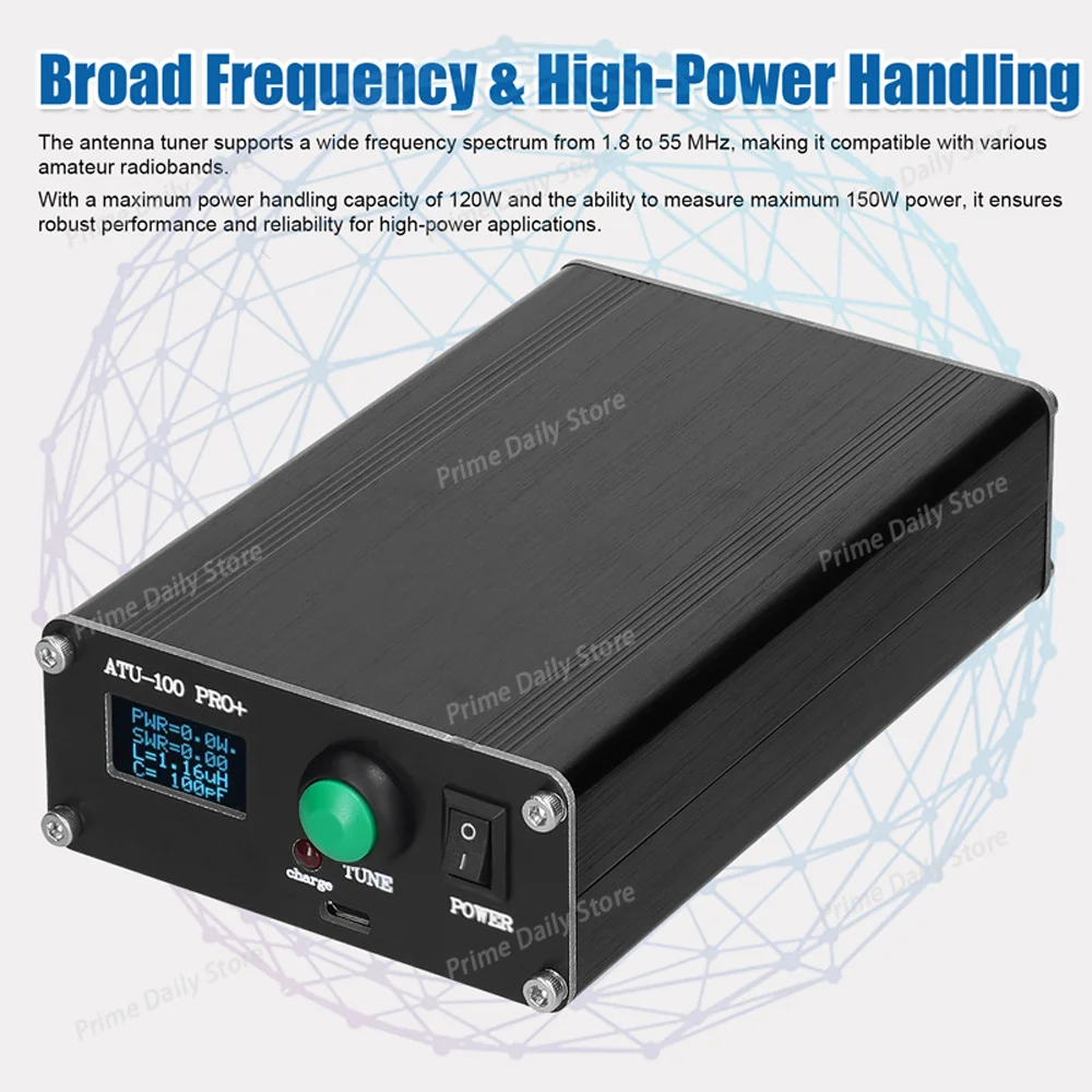 ATU‑100 Pro+ Automatic Antenna Tuner 1.8‑55MHz HF Auto Tuner, 0.96‑Inch Display, Assembled Unit with Shell, Rechargeable Version