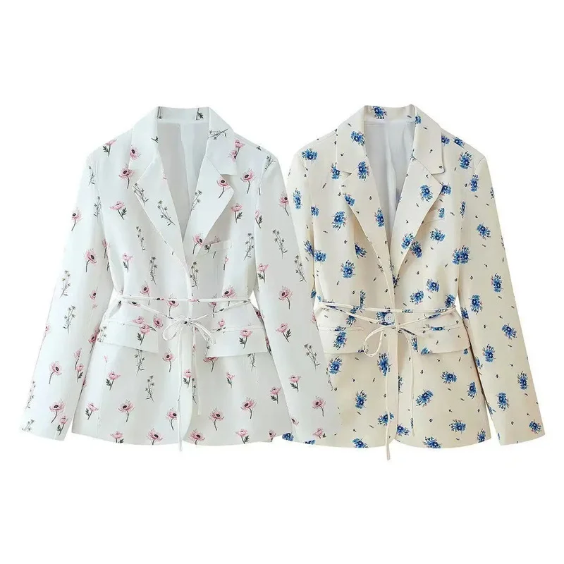 Women's Suit Blazer New 2026 Spring Autumn Jackets Fashion Tie up Temperament print Suit Coat Top Jacket Casual Outerwear