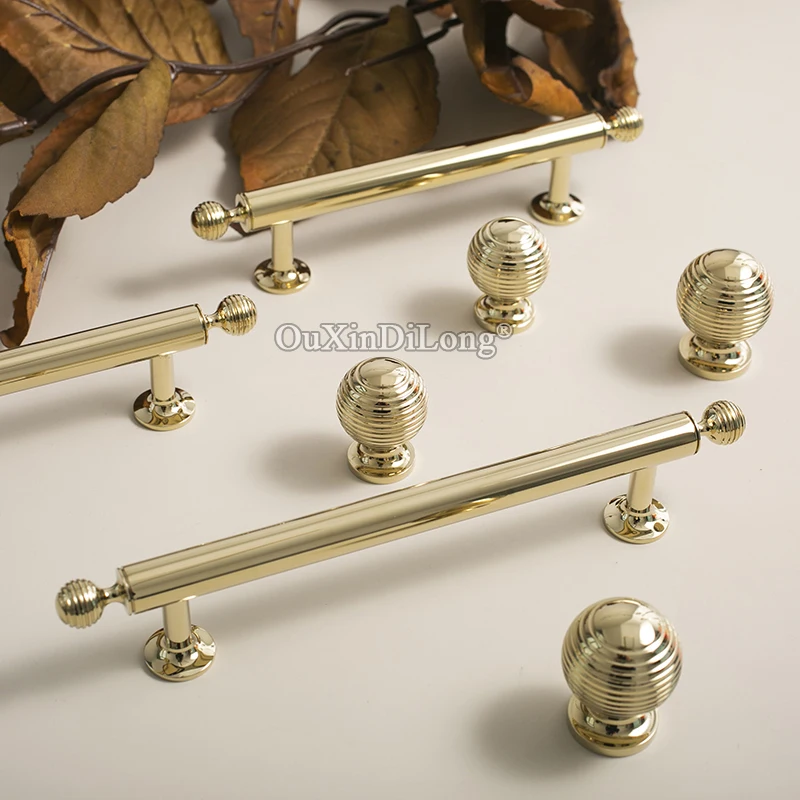 Luxury Gold 4PCS Pure Brass French Long Furniture Handles Drawer Pulls Cupboard Wardrobe Kitchen TV Wine Cabinet Pulls Knobs