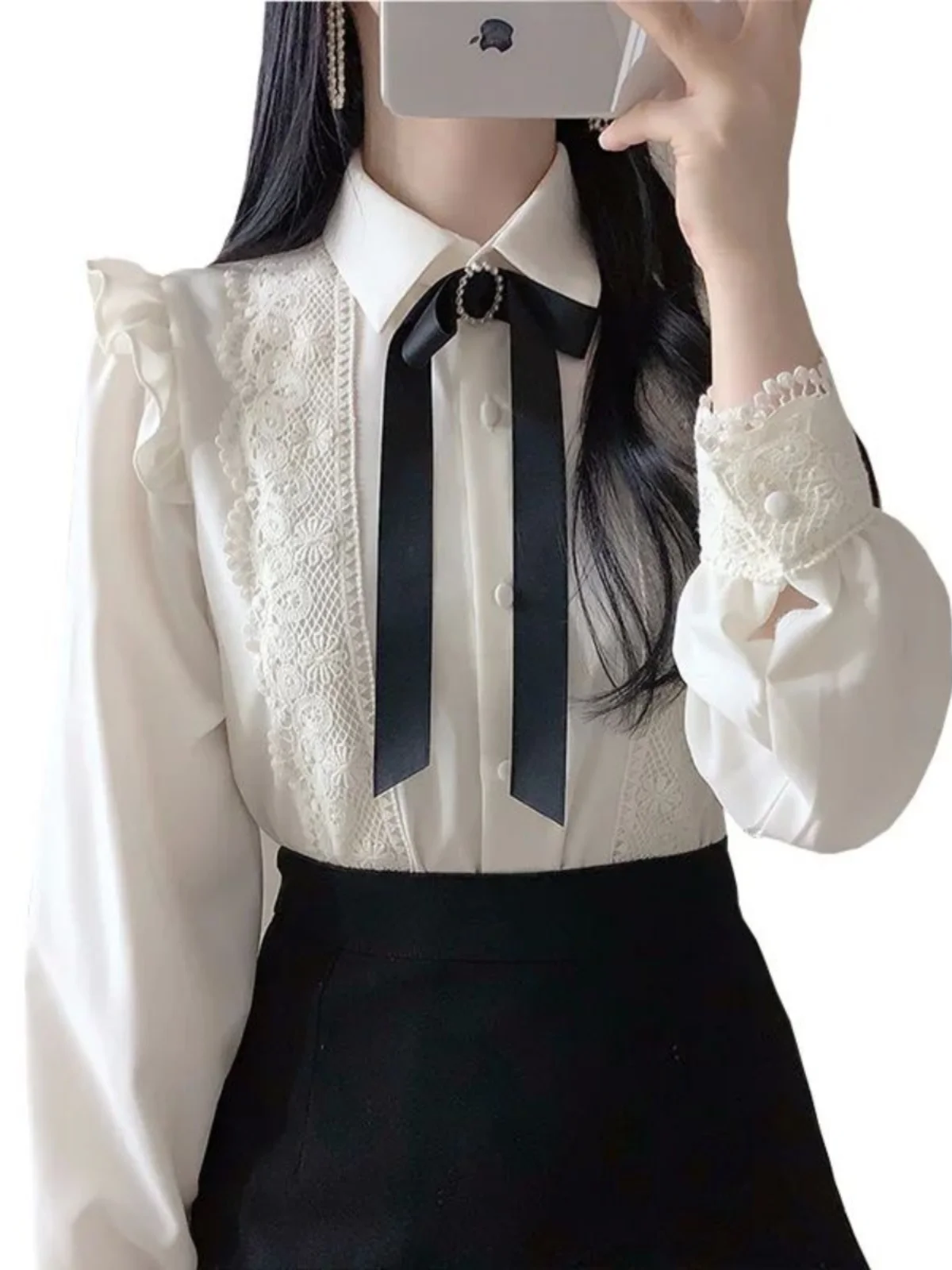 Long Sve Lace irt Baby Collar Doll Ne Street Sle Loose Fit  Color Spring Faion for Women 8-35 Years Old