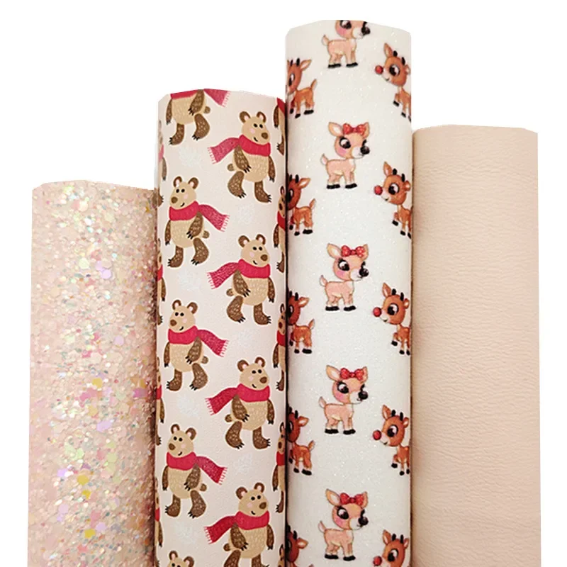 Cream Christmas Faux Leather Bears Elks Printed  Leather Fabric Vinyl Felt Backing Smooth DIY craft Bow Sheets Rolls Q1853