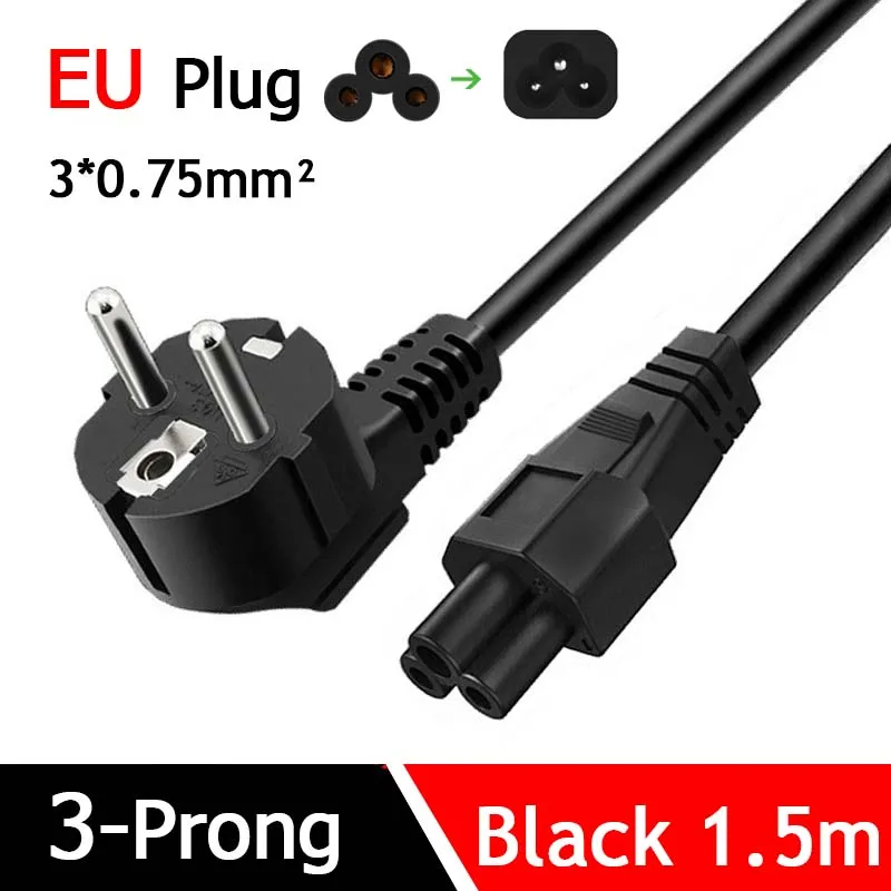 

3 Prong Connector AC Power Cord Repllacemant Electrical Charging Line Standard EU Plug Power Supply Cable For PC Laptop Computer