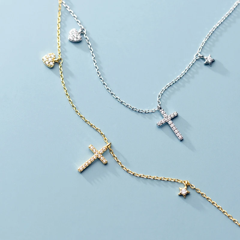 Modian 925 Sterling Silver Star Cross Hearts Pendant Necklace for Women Gold Color Link Chain Necklace Korea Style Fine Jewelry
