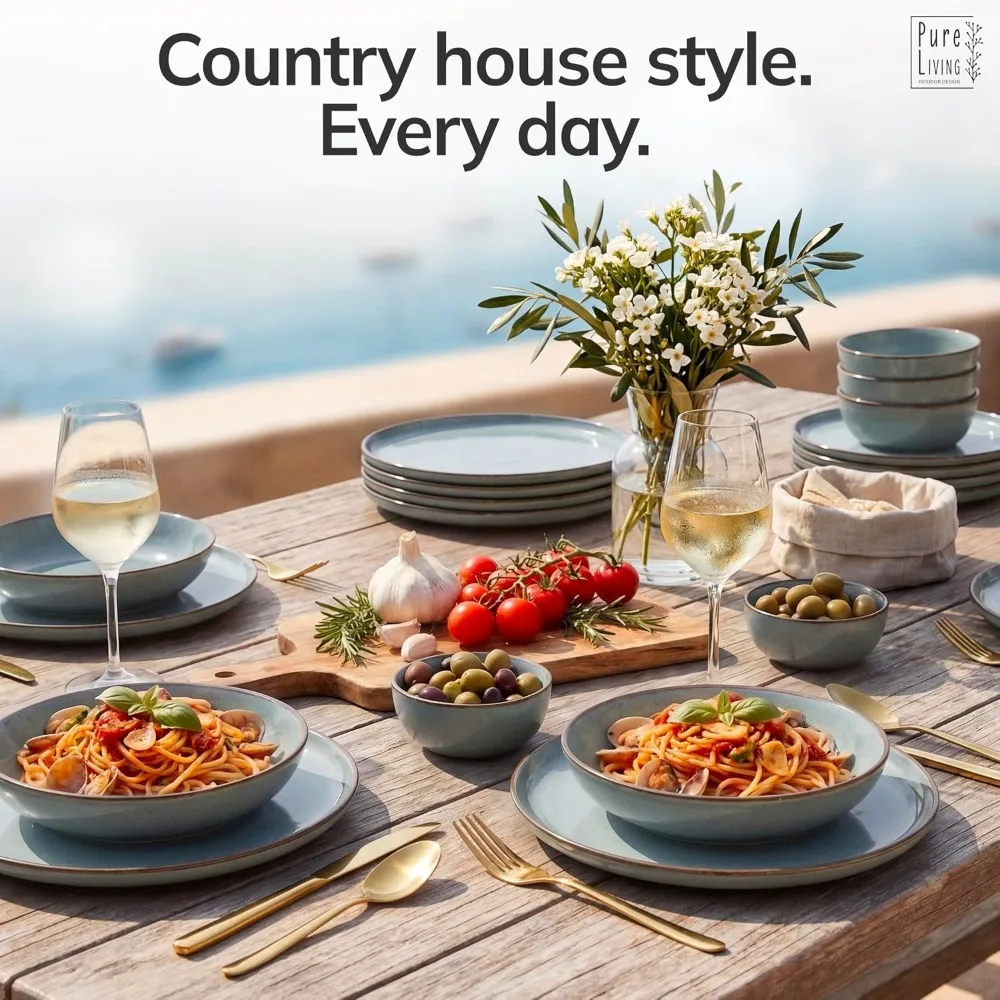 32 Piece Stoneware Dinnerware Set for 8, Handmade Plates and Bowls