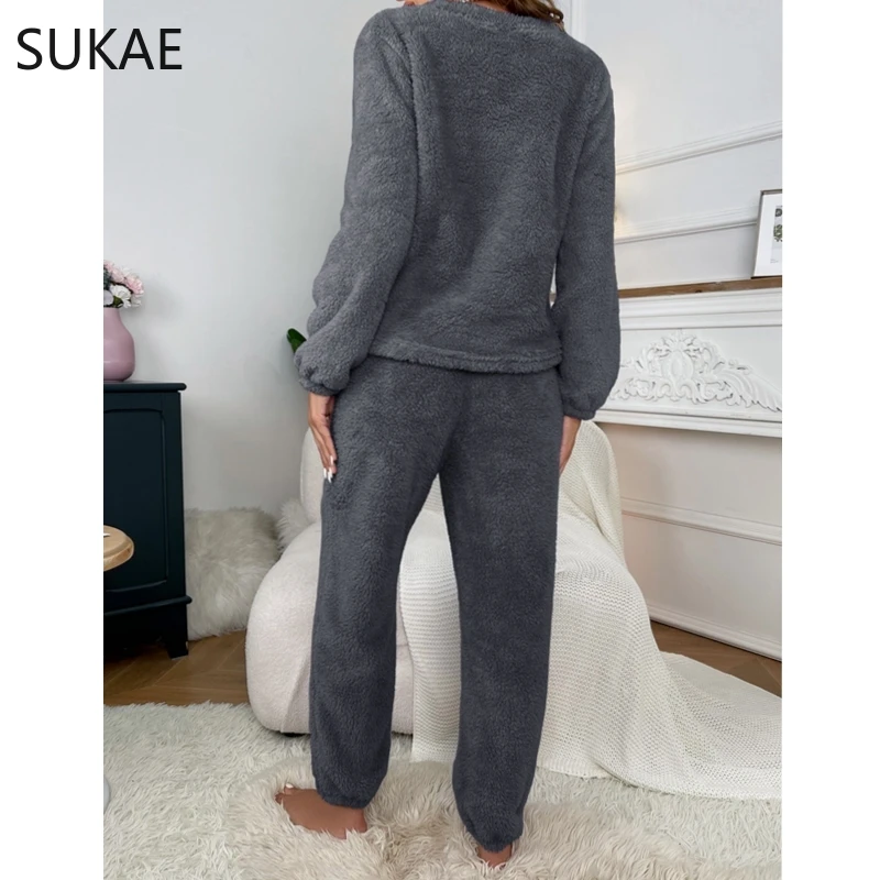 SUKAE Fluffy Homewear Winter Woman Pajamas Set Pullover Lashes Sleepwear Cozy Flannel Pijamas Cold Thermal Lady Lingerie Pyjama