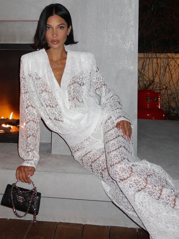 Mozision White Lace Two Piece Sets Women Deep V Neck Long Sleeve Tops And Long Pants Ladies See Through Loose Trousers Sets