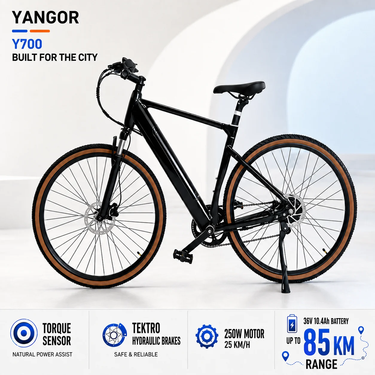 Bicicleta Eléctrica para Adultos YANGOR Y700, Motor de 250W, 25KM/H, Batería Extraíble de 36V 10.4Ah, Alcance de 85KM, Sensor de Torque