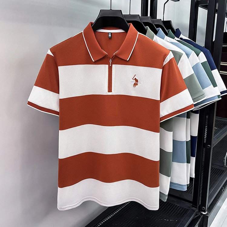 Modisches gestreiftes, farblich abgesetztes Kurzarm-Poloshirt für Herren High-End-Marke Pony-Stickerei Sommer, Golf, Freizeit, neues T-Shirt mit halbem Reißverschluss – Detail 11