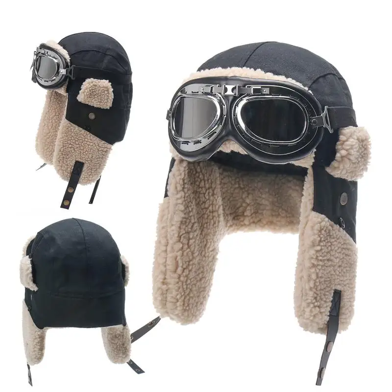 Retro Pilot Hat With Goggles For Winter Skiing Beanie With Ear Protection Windproof Outdoor Ski Hat Warm Caps For Skiing