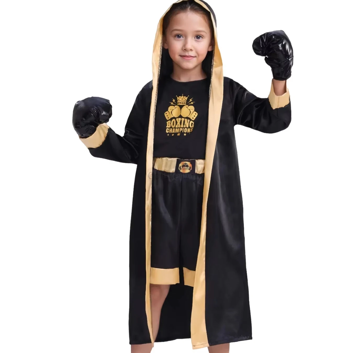 

2025 Kids Boxing Costume with Hooded Children's Boxer Robe Halloween Cosplay Role Play Black Gold Boxing Uniform Carnival Party