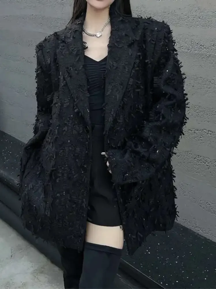 Street Black Jacket American Retro Loose All Match Tassel Temperament Fashion Blazer Coat Women Spring Autumn 2025
