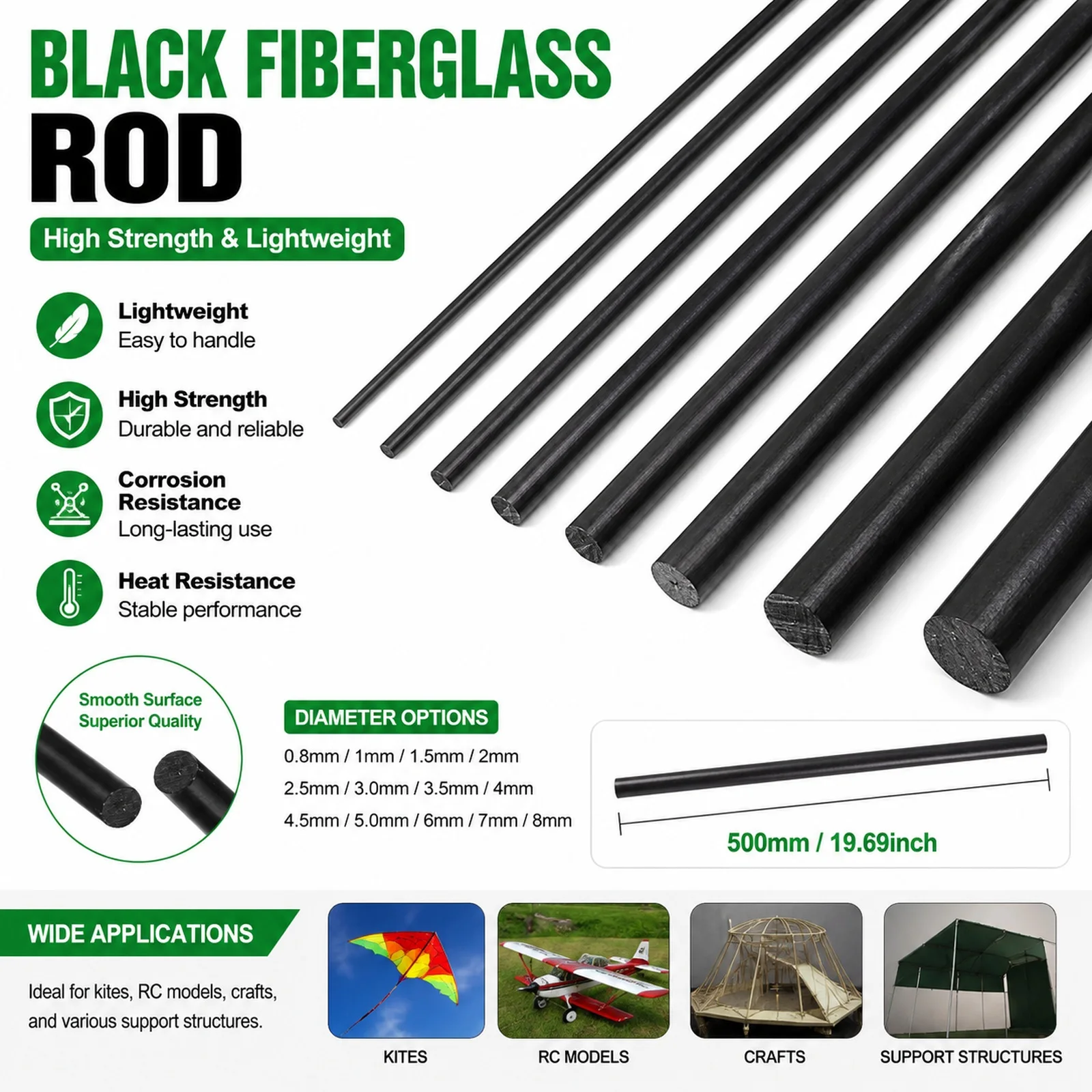 500mm Black Insulated Fiberglass Rod 0.8-8mm Dia Lightweight Solid Kite Support Pole for Kite Frame Making