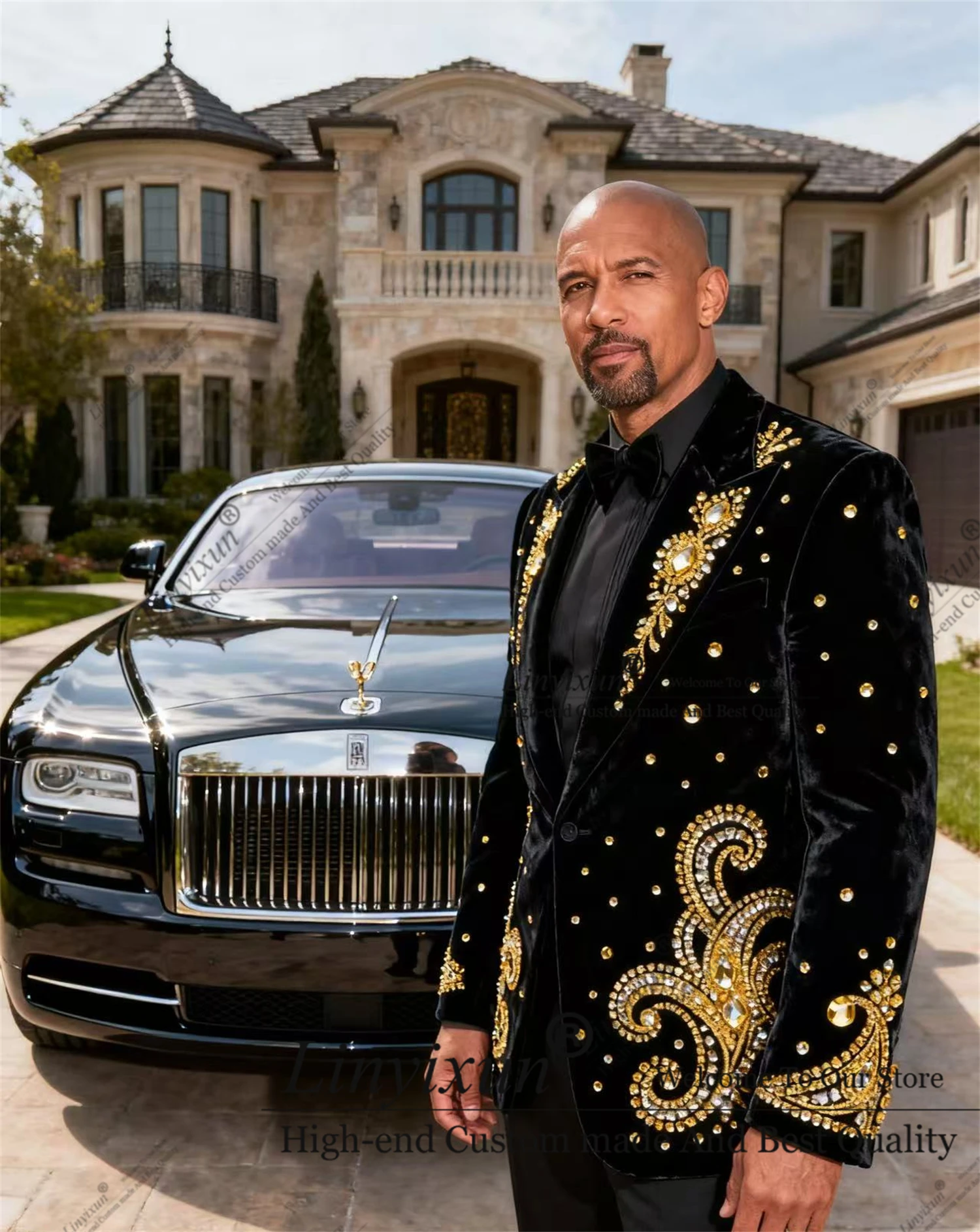 

Handsome Diamond Rhinestone Men Suits 2 Piece Sets Party Blazer Customized Slim Fit Costume Homme Luxury Formal Groom Tuxedos