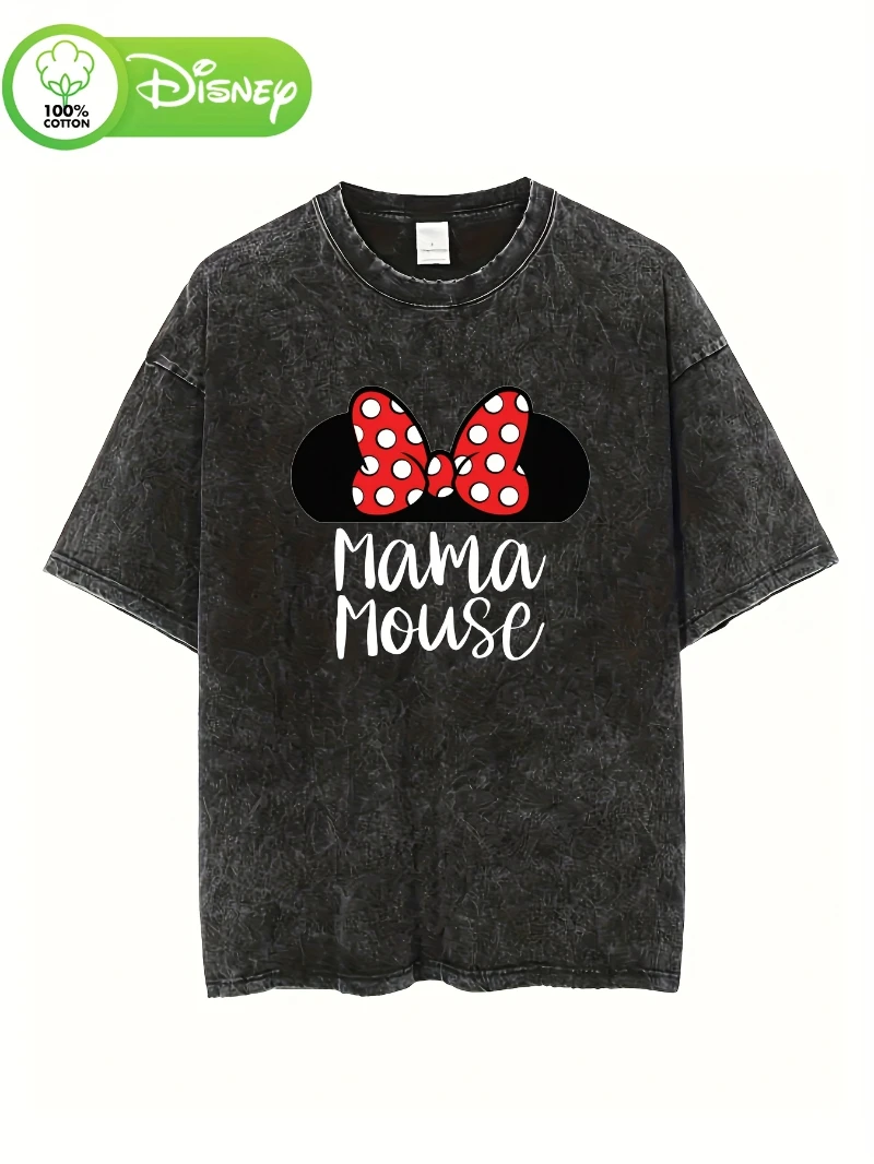 

Disney Women's Retro Washed T-shirt - Mouse Mom Pattern with Red Polka Dot Bow Summer Casual T-shirt Disney Shirt