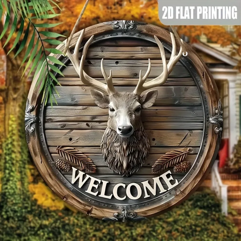 لافتة ترحيب دائرية على شكل قرن الوعل الغزلان - ديكور جداري بمظهر خشبي على الطراز الريفي، فن تعليق أفقي صناعي للمنزل