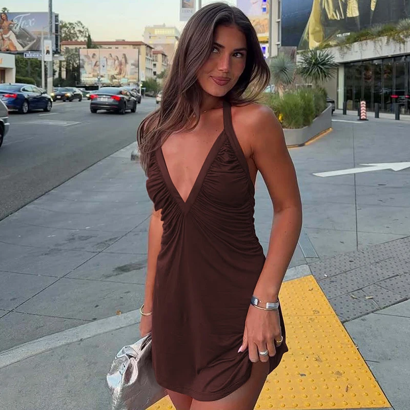 Hugcitar Damenmode V-Ausschnitt Einfarbiges Gerafftes Neckholder-Rückenfreies Schnür-Minikleid Sexy Sommerkleidung für Strand, Urlaub und Club – Detail 23