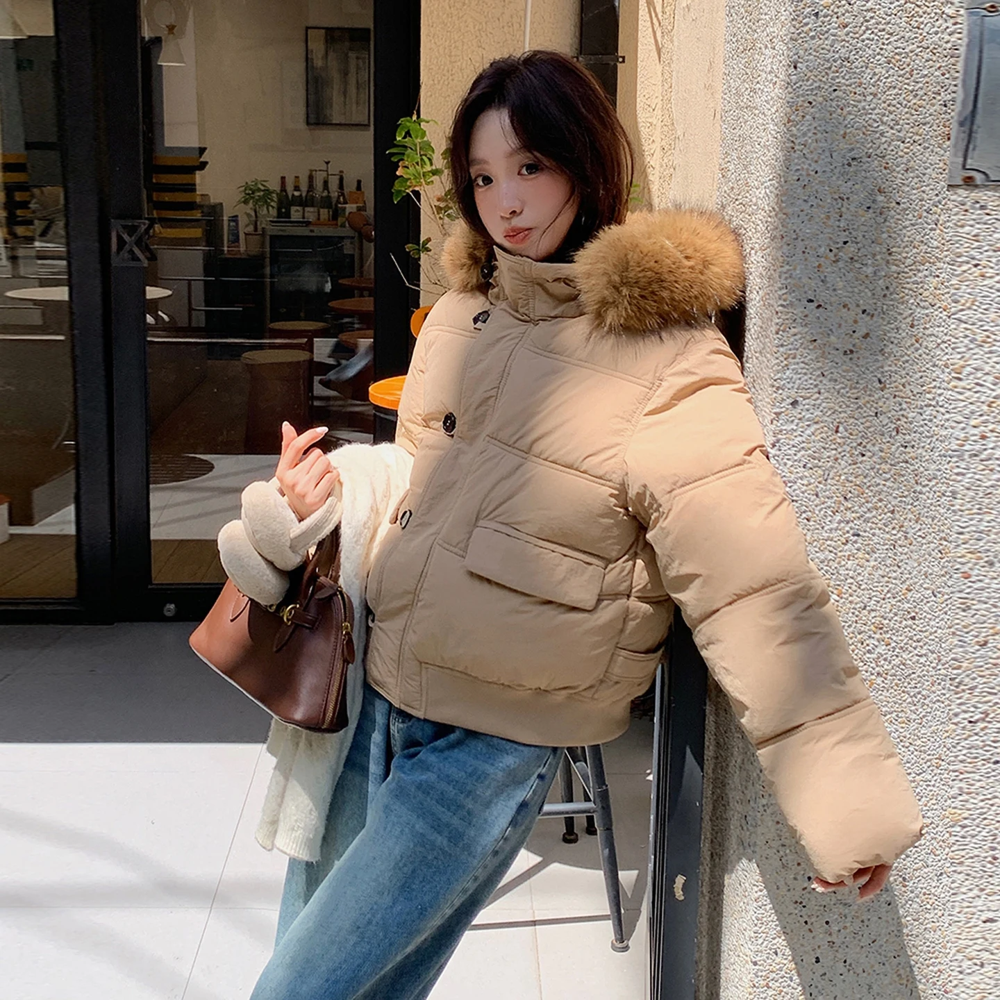 Piumino invernale con cappuccio da vacanza a maniche lunghe nero beige da donna kaki elegante giacca corta calda allentata monopetto semplicità