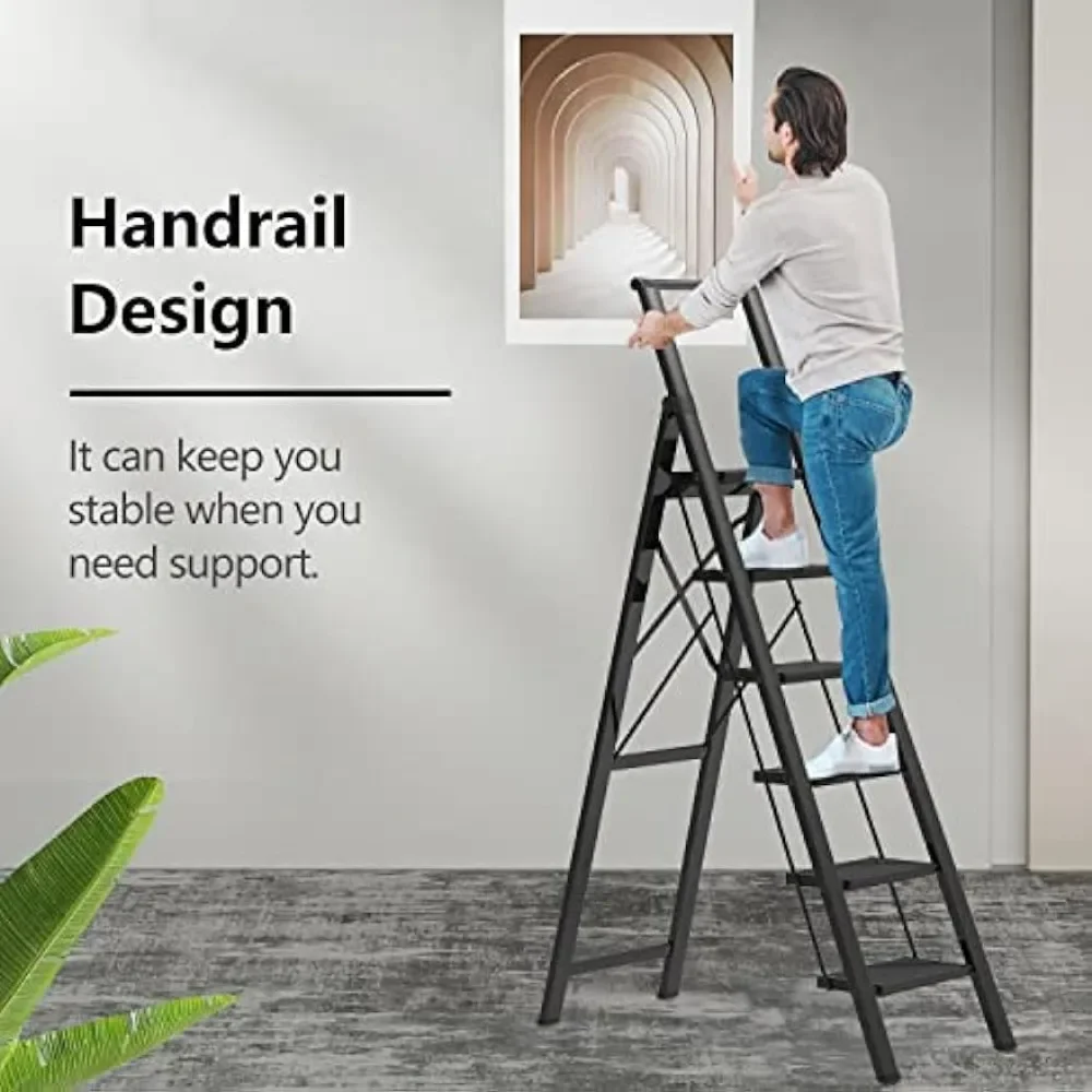 6 Step Ladder 12 Feet High Ceiling, Lightweight Aluminum Folding Step Stool with Convenient Handgrip, Stepladders with Anti-Slip