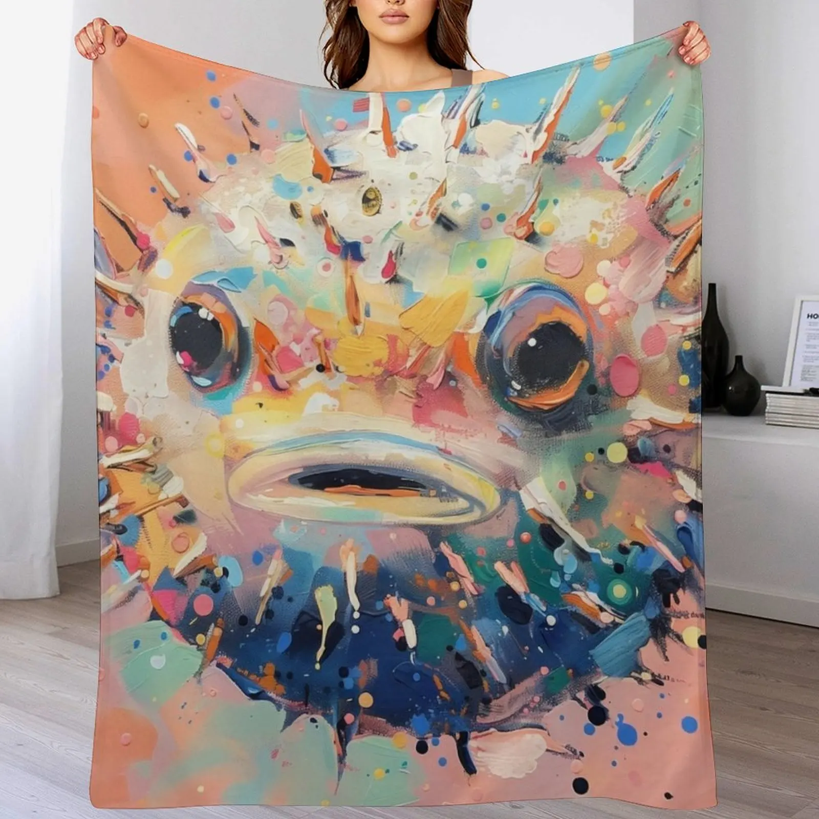 Pufferfish in Bright Modern Colors Throw Blanket For Decorative Sofa Soft Big Blankets