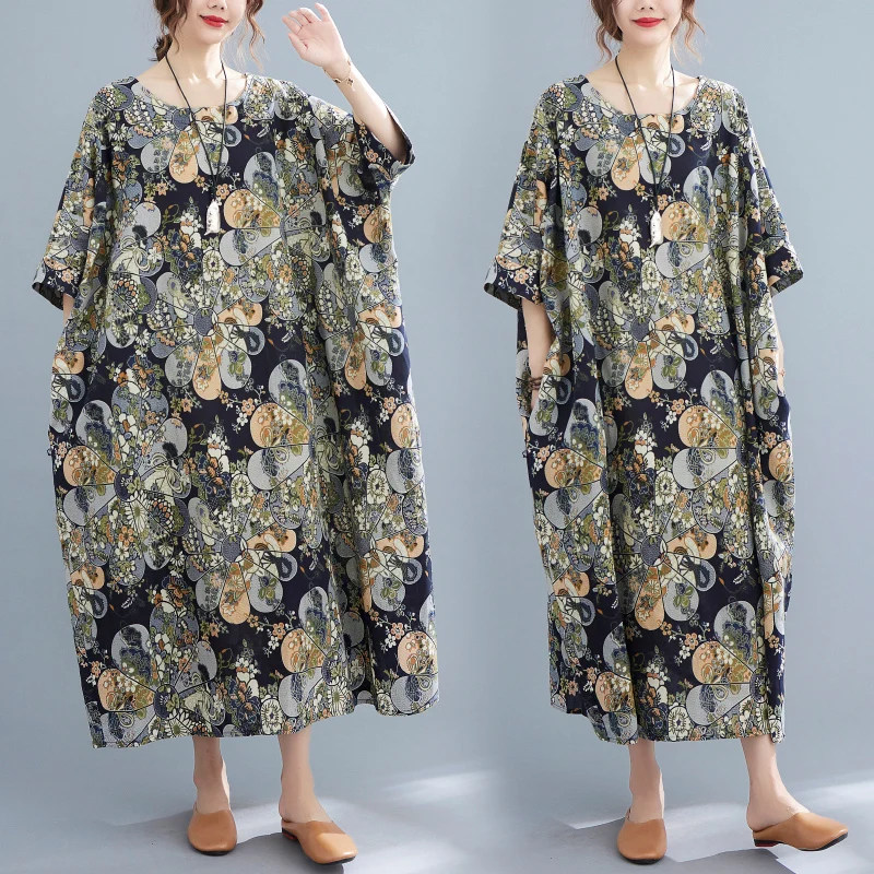 Rok A-Line Panjang Model Batwing Berbahan Katun Linen Motif Cetak untuk Wanita Ukuran Plus, Nyaman dan Bernapas untuk Musim Panas...