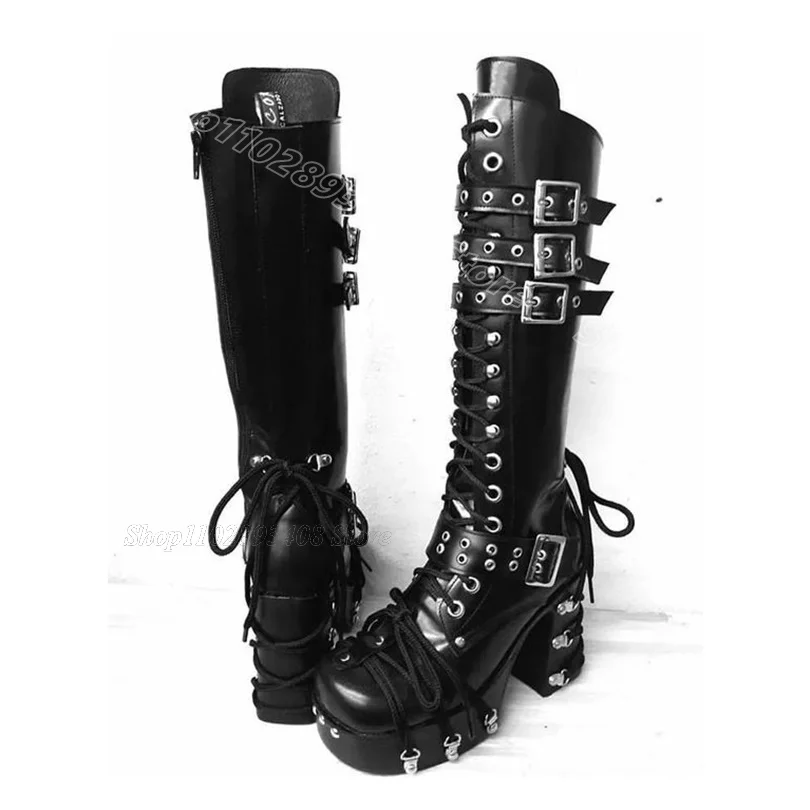 Black Punk Style Lace up Boots Buckle Decor Matte Leather Casual Dress Fashion Design for Women Shoes 2024 Zapatos Para Mujere