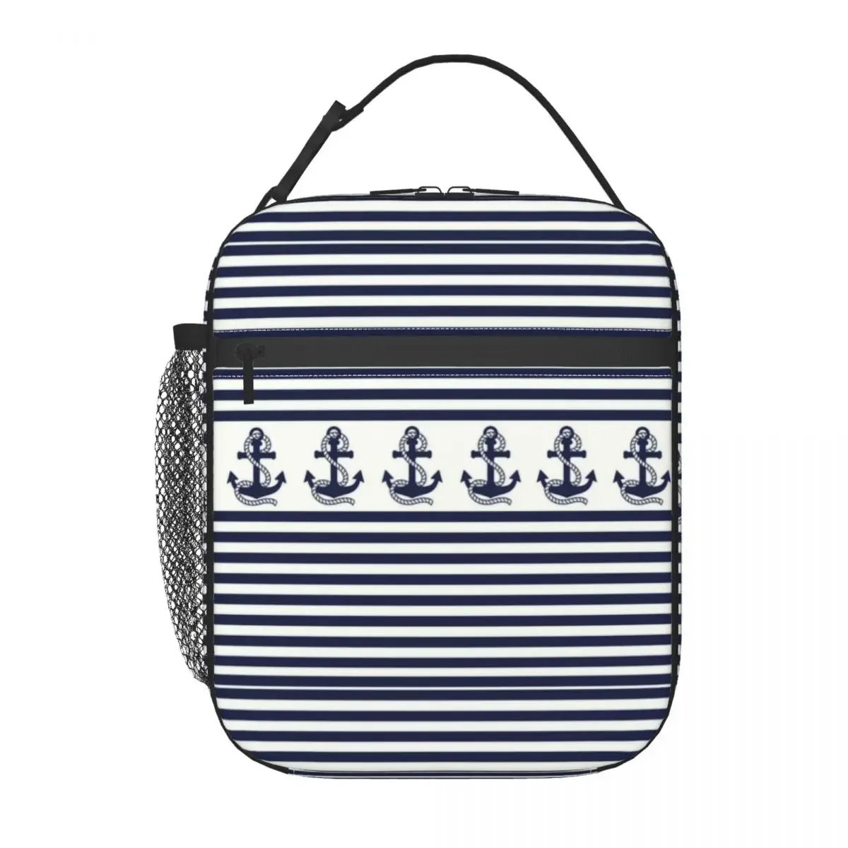 Nautical Stripes With Navy Anchor Insulated Lunch Tote Bag Sailing Sailor Portable Cooler Thermal Bento Box Work School Travel