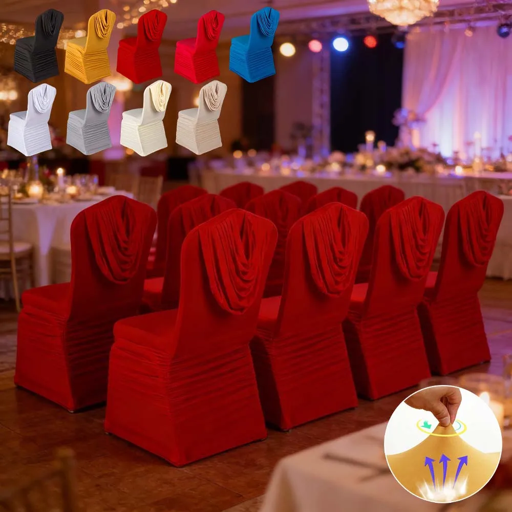 

Wedding Banquet Stretch Ruched Chair Covers with Back Drape Full Coverage Spandex Seat Covers for Hotel Dining Event Decoration