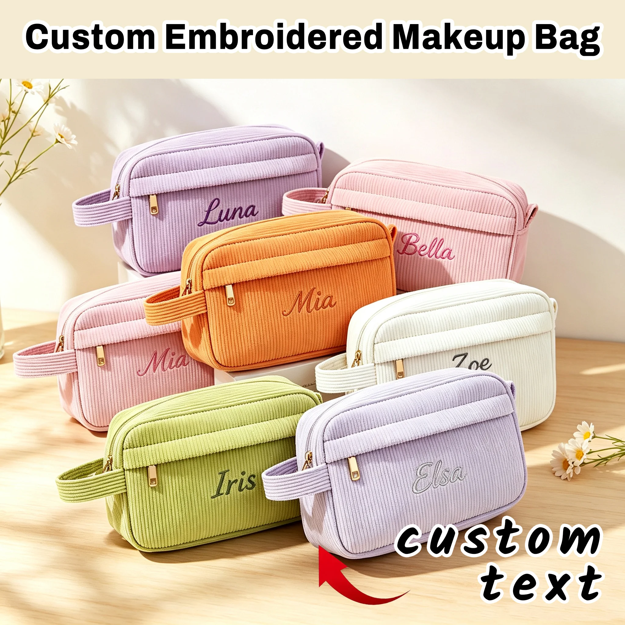 Personalized Embroidered Corduroy Cosmetic Bag, Custom Makeup Pouch, Macaron Color Pen Pouch, Cute Simple Travel Storage Bag for