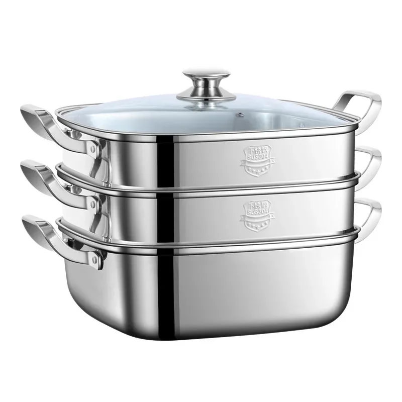 KENGQIANG Square steamer pot Household 316 stainless steel thick 3-layer steamer drawer Multi functional gas universal cooker