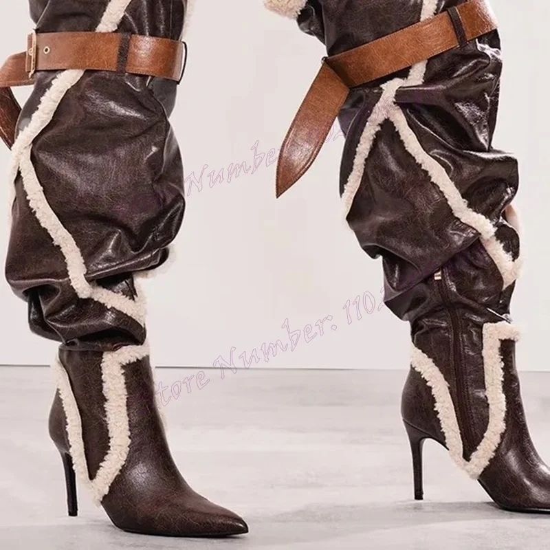 

Brown Fluffy Strappy Over The Knee Boots Pointed Toe Shoes for Women Stilettos High Heels Snow Shoes 2024 Zapatos Para Mujere