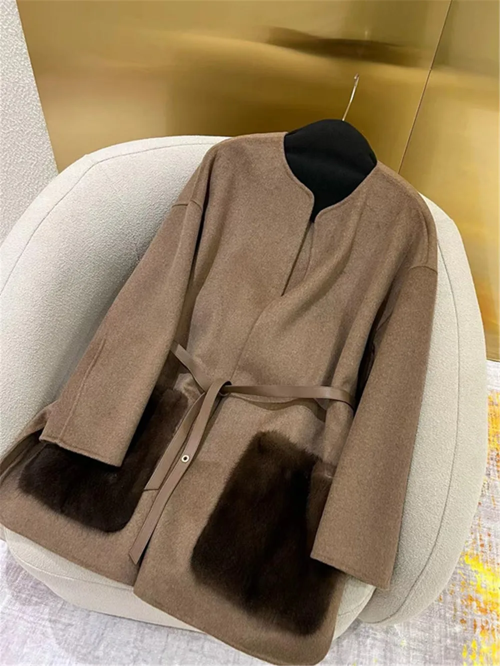 Imported Mink Fur Pocket Double-Faced Cashmere Coat Sheepskin Belt Mid- Long Light Luxury Outerwear 2024 Winter L*P