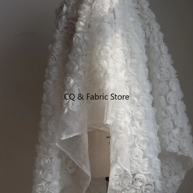 

Breathable White Lace Fabric With 3D Rose Flower And Mesh For Wedding Dress And Gown Designer Fabric
