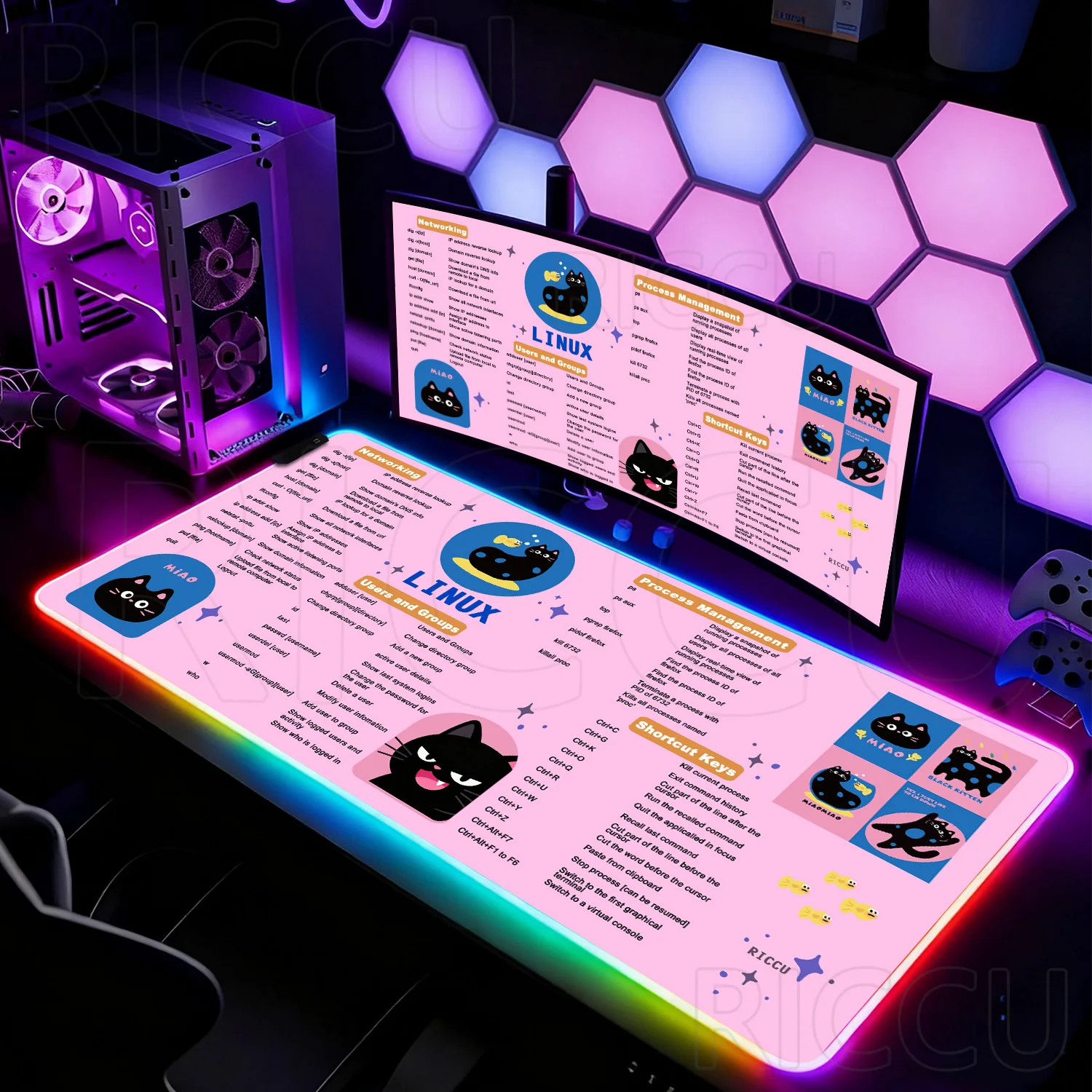 

LED Cute Kitten cat XXL Linux shortcut key Memo Commands Mouse Pad Large Mousepad PC Office accessories RGB Desk Mat protective