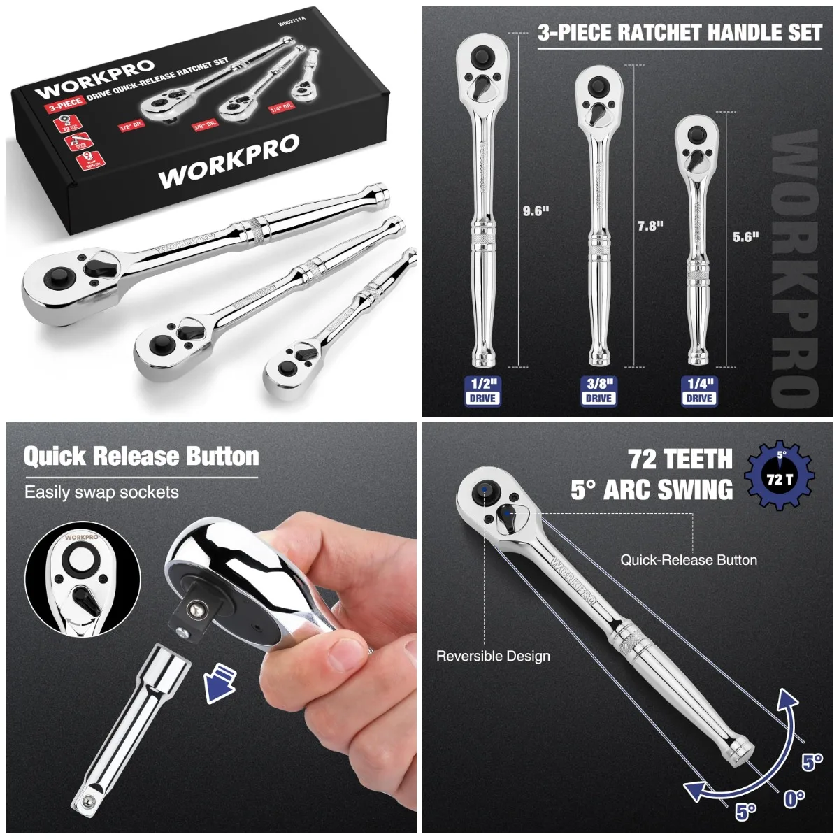 

3-Piece Ratchet Set, 1/4', 3/8', 1/2' Drive, 72-Tooth, Quick Release, Reversible, Chrome Alloy, 5° Swing