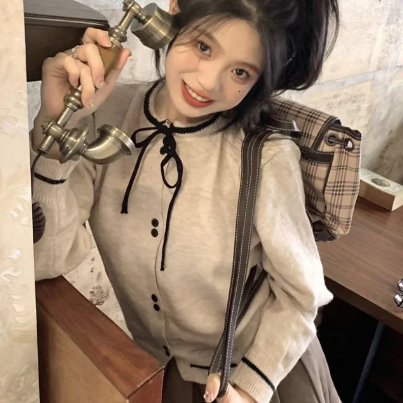 

Cardigan Women Bow Design Autumn Warm Korean Style Fashion Basic All-match Tender Casual Preppy Sweet Daily Retro Cozy Classic