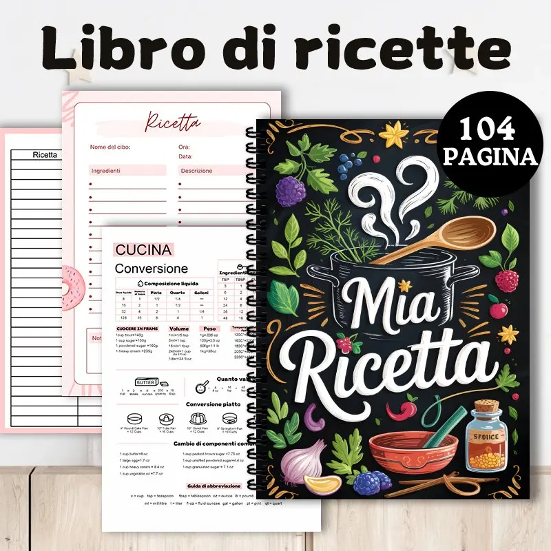 Italienisches Rezeptbuch, 104-seitiges leeres Küchennotizbuch, perfektes Geschenk für Familienköche, handgezeichnete, lebendige Kochthemenillustration