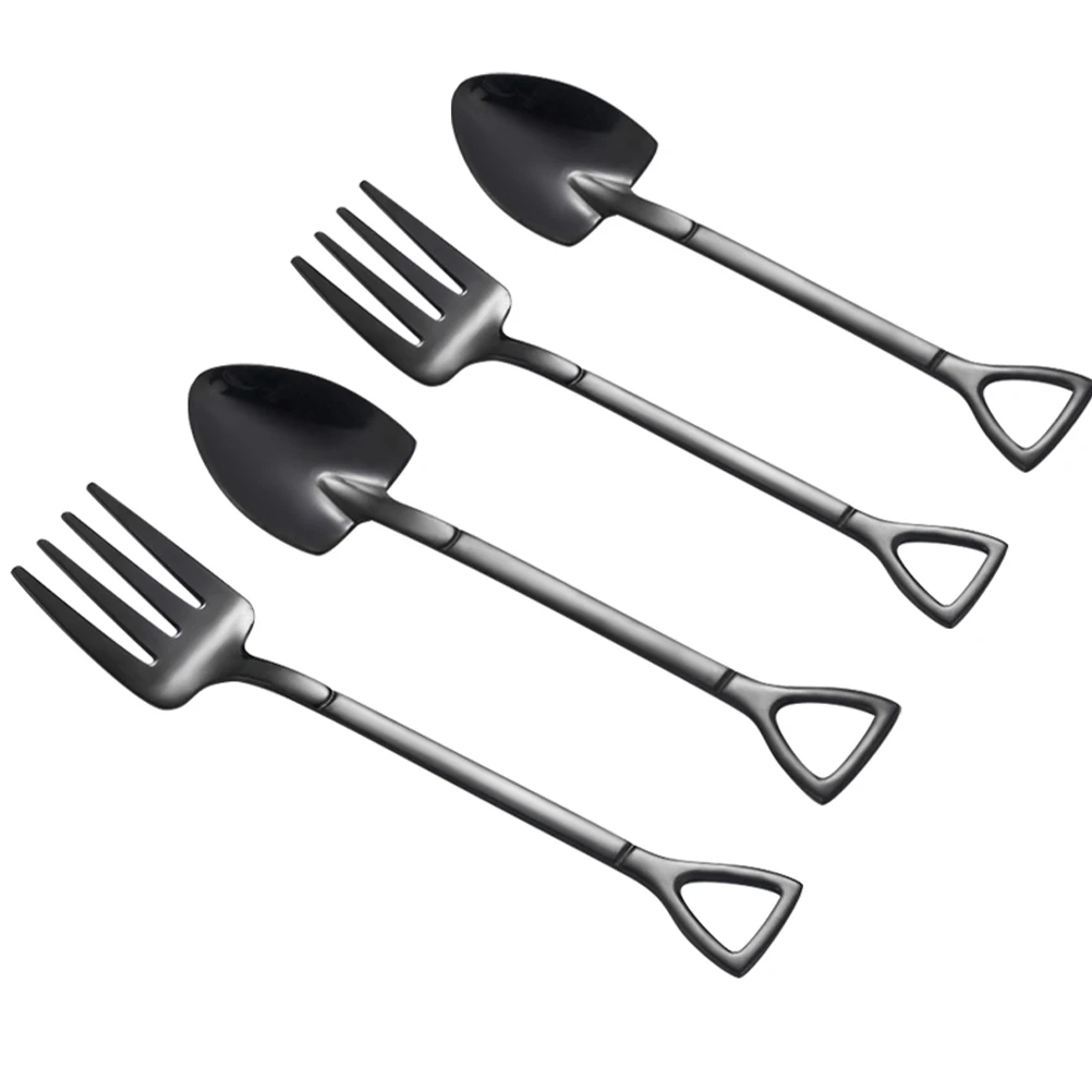 

4 Pcs Sweet Dessert Spoon Set Gold Black Stainless Scoop Ice Cream Tool Fruit Fork Creative Kitchen