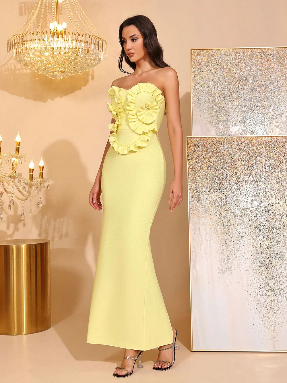 Modphy 女性フリルセクシーなストラップレスバックレスロング包帯ドレスファッションソリッドノースリーブボディコンカクテルパーティー誕生日ドレス