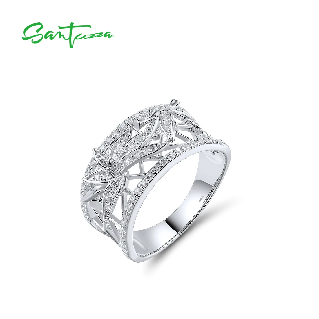 

SANTUZZA Pure 925 Sterling Silver Rings For Women Sparkling White Cubic Zirconia Exquitise Bamboo Leaves Wedding Fine Jewelry