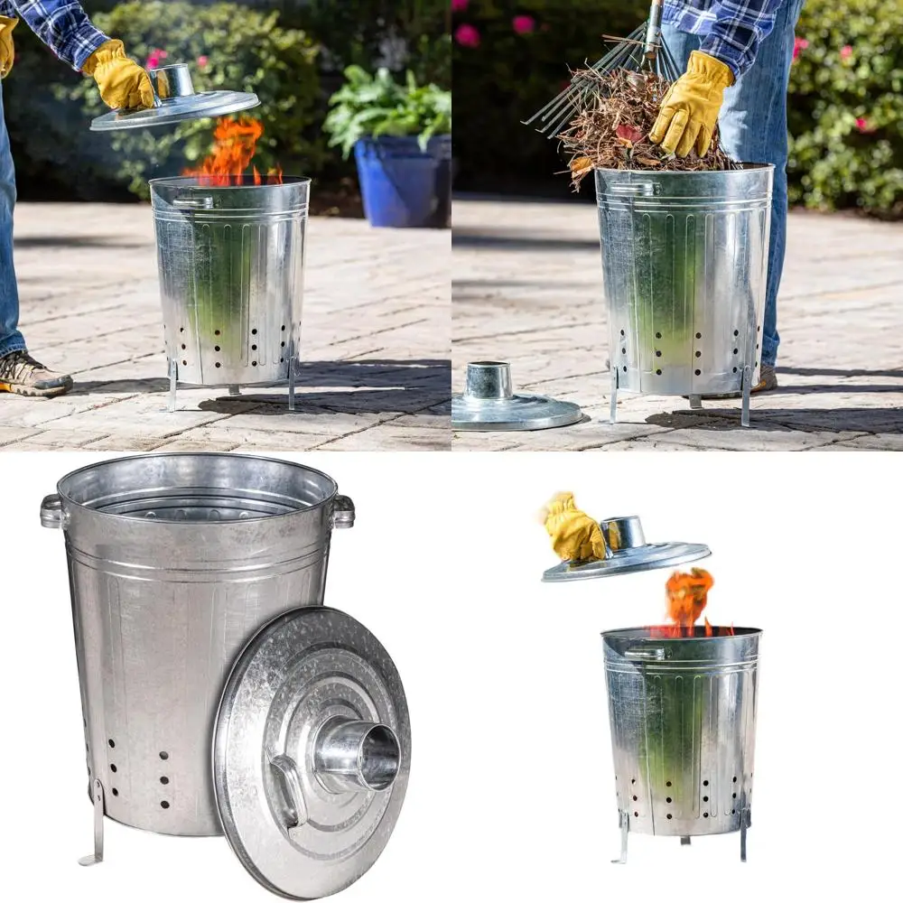 

Galvanized Steel Yard Waste Incinerator with Lid for Outdoor Paper, Wood, and Garden Debris Burning