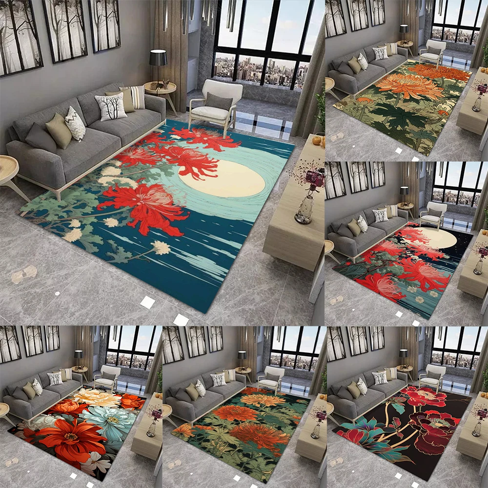 Bodenmatte mit Vintage-Blumenmuster, verschiedene Stile mit großen roten Pfingstrosen und bunten Blüten, rutschfeste Fußmatte für die Inneneinrichtung