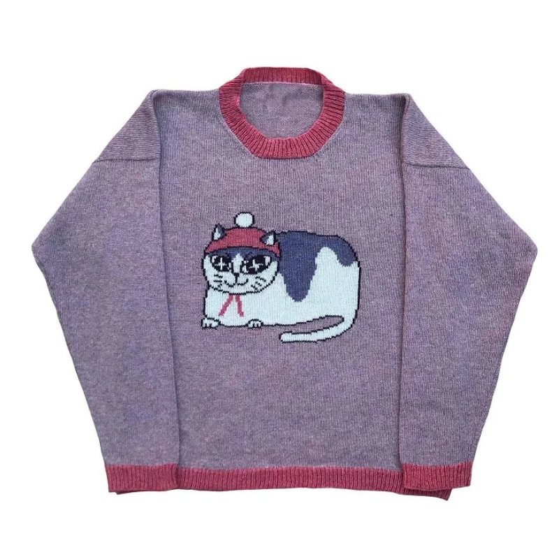 Y2k Cute Anime Cat Warm Sweater Grid Women's Hoodie Men's Knitted Street Wear Girls' Harajuku Large Round Neck Knitted Clothing