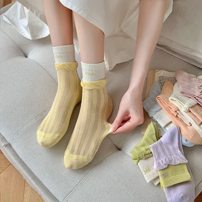 

Cute Socks For Women Novelties Fresh Girls Colorful Socks Female Thin Casual Preppy Style Frilly Ruffle Socks Mesh Mixed-Color