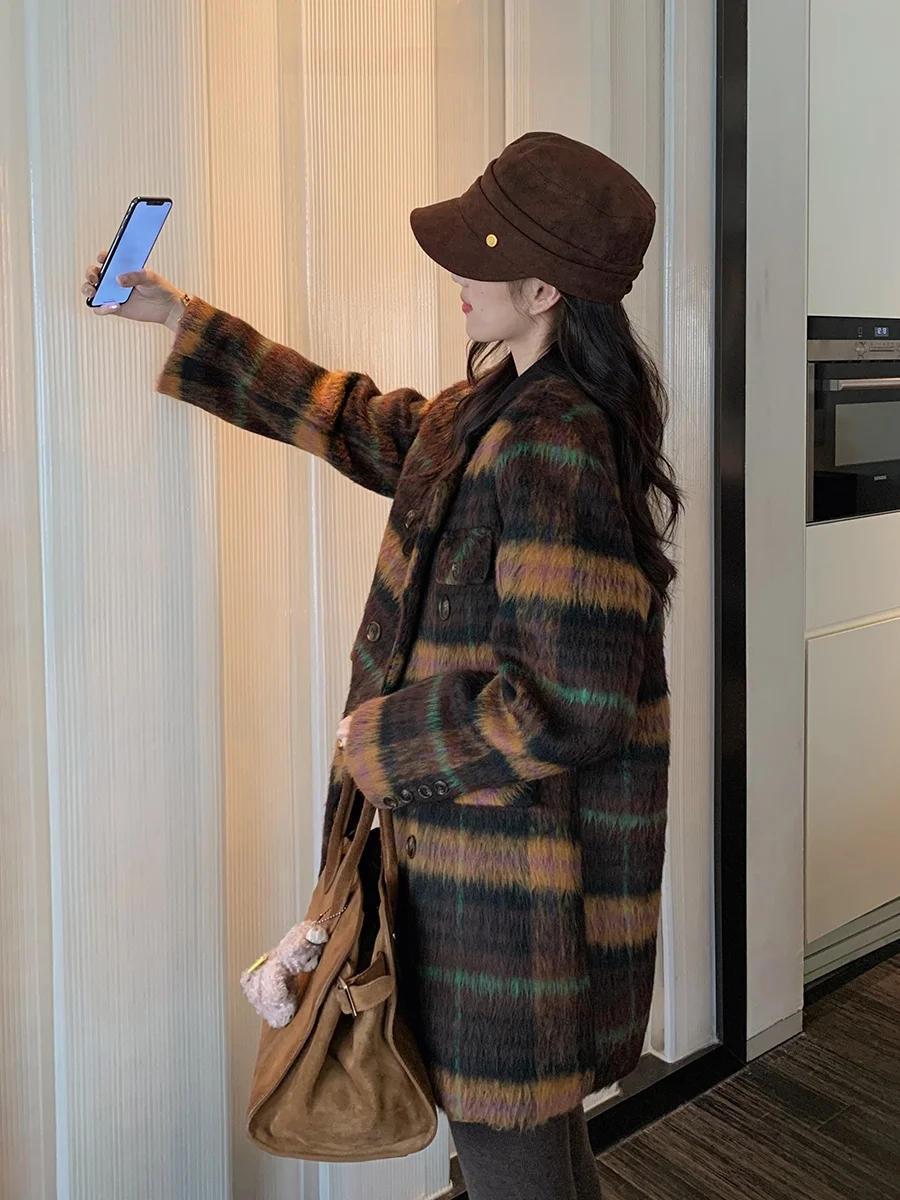 

MUKOK Ретро-пальто в гонконгском стиле из шерсти с клетчатым узором, утепленное пухом, маленького размера, теплое, с длинными рукавами, средней длины, с узором в клетку