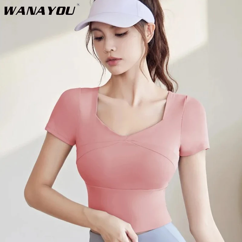 

WANAYOU Йога с коротким рукавом, эластичная футболка для похудения без бюстгальтера, одежда для йоги, быстросохнущий фитнес-бюстгальтер, майка для фитнеса и бега