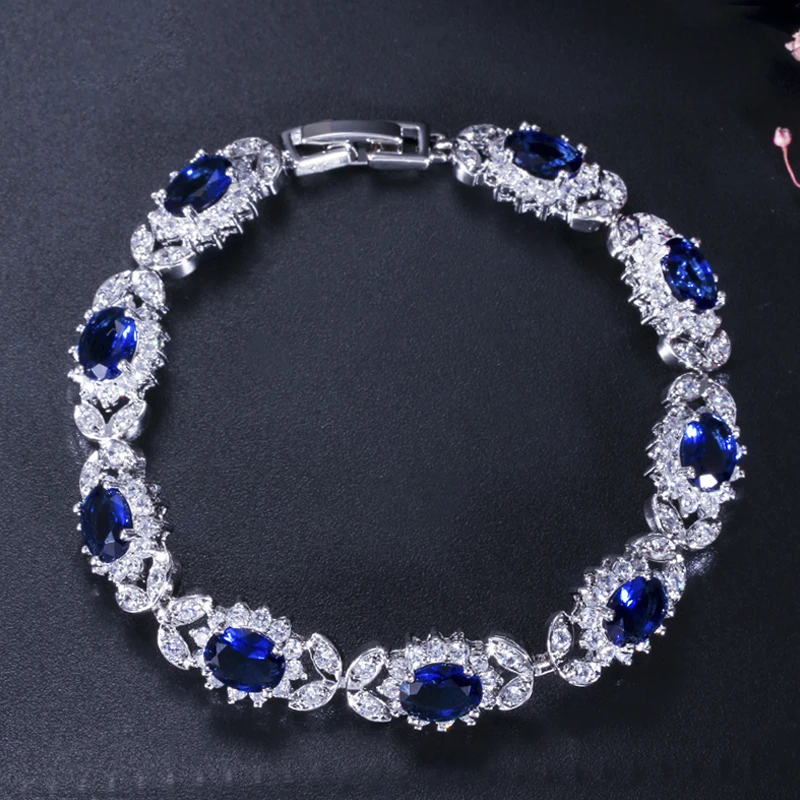 ThreeGraces Delicate Royal Blue Cubic Zirconia Flower Shape Tennis Bracelet for Women Wedding Engagement Costume Jewelry BR196