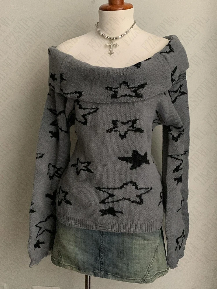 Jersey de un hombro para mujer, suéter de estética Retro, Hip-Hop, moda urbana, Y2K, Punk, gótico, informal, Emo, Tops con patrón de estrellas para niñas