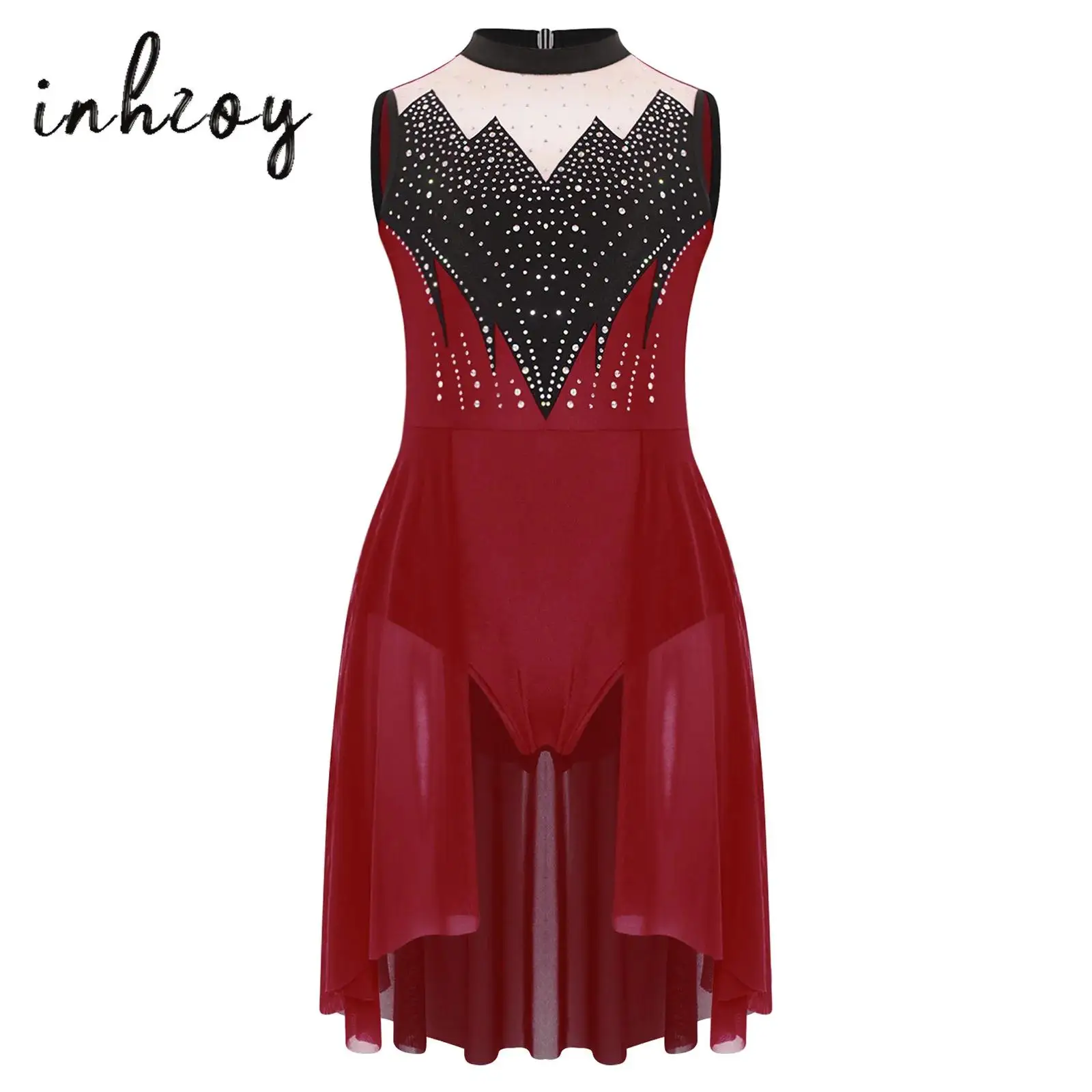 

Kids Girls Figure Skating Dress Lyrical Dance Leotard Dress Rhinestones Sleeveless Mesh Overlay Crotch Press Buttons Jumpsuit