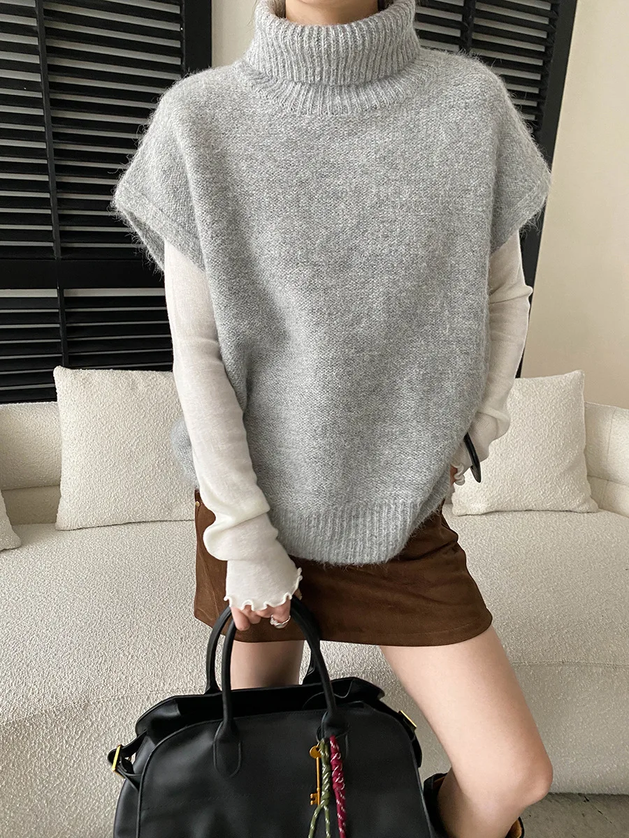 

Spring women's casual solid color high neck pullover loose layered sleeveless camisole knitted vest